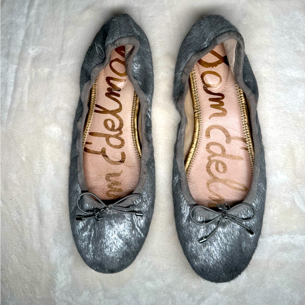 Sam Edelman Ballet Flats with bow, silver calfskin, women’s 7.5